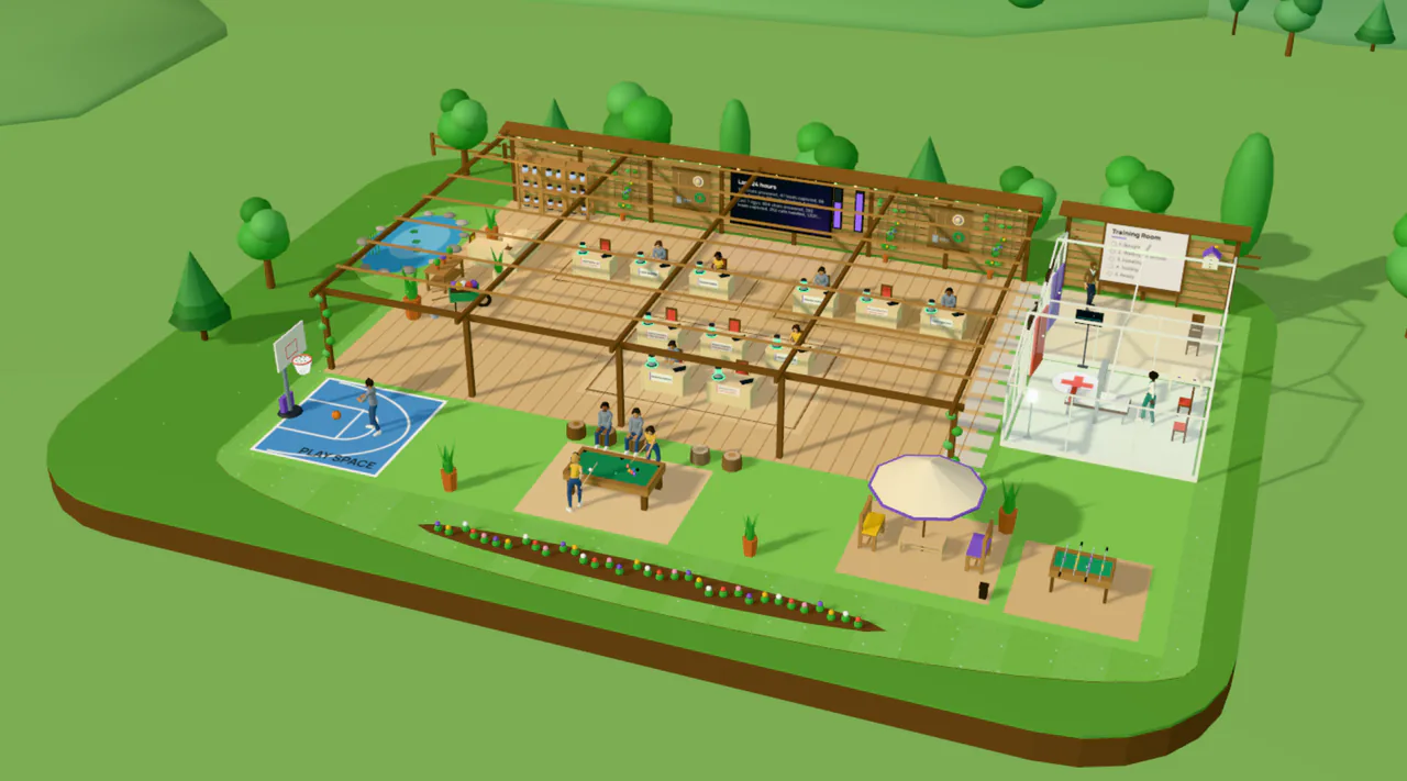 The demo office: a 3D garden campus with a desk for each system, a wall screen of results, the glass rooms of the Doctor and the Training Room, and a play space outside.